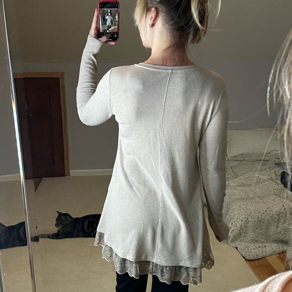 LOGO: Waffle Lace Henley Taupe Thermal Long Sleeve Blouse - Picture 2 of 7